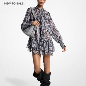 Metallic Paisley Georgette Tie-Neck Dress